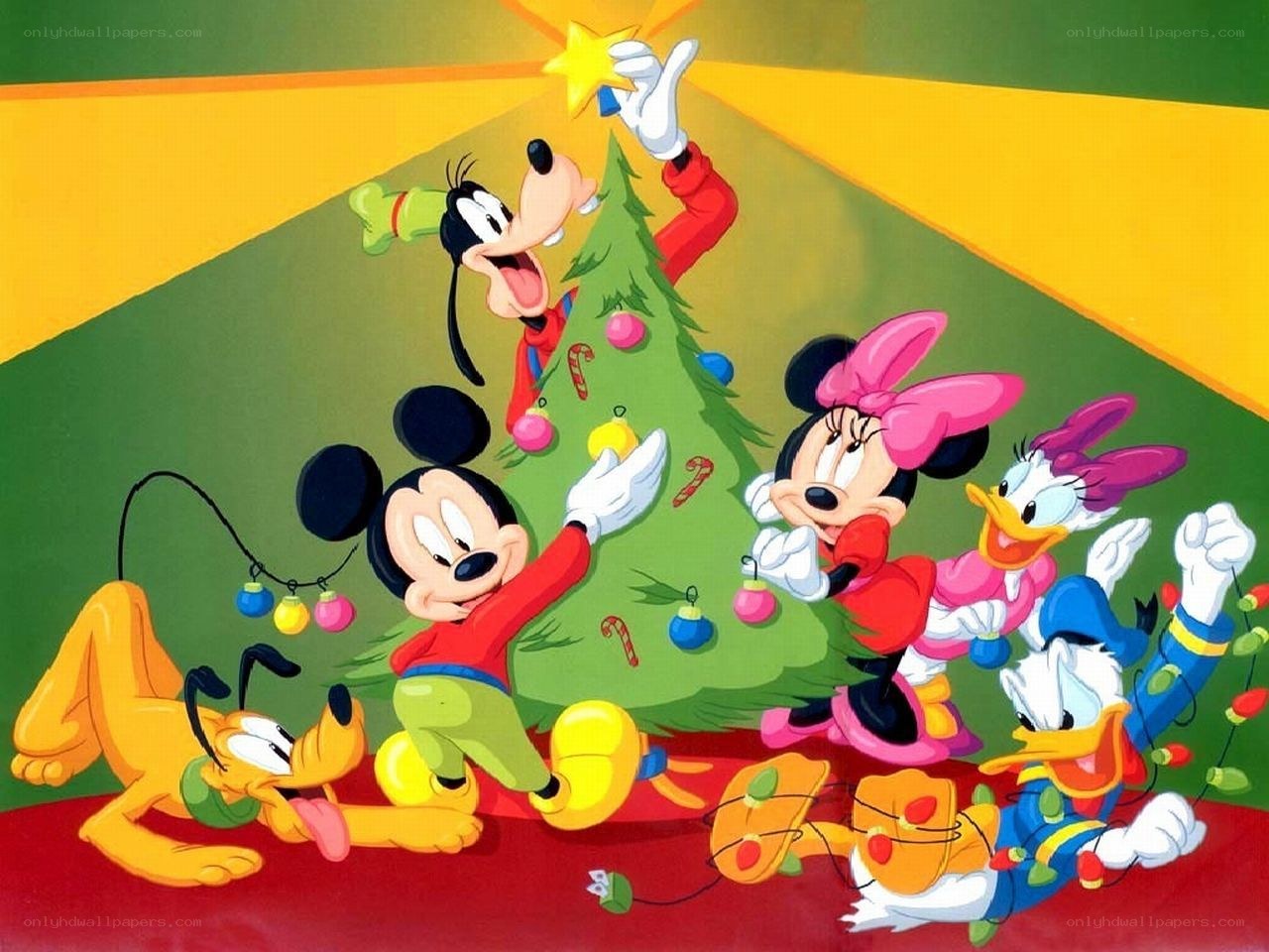 Mickey Mouse and friends decorating a Christmas tree
