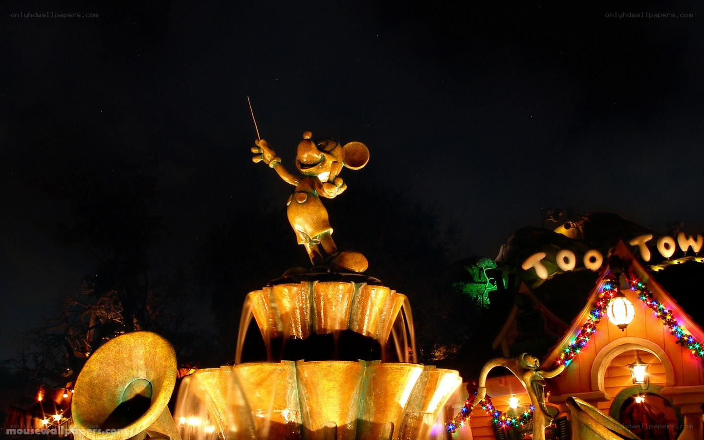 Mickey Mouse fountain at night