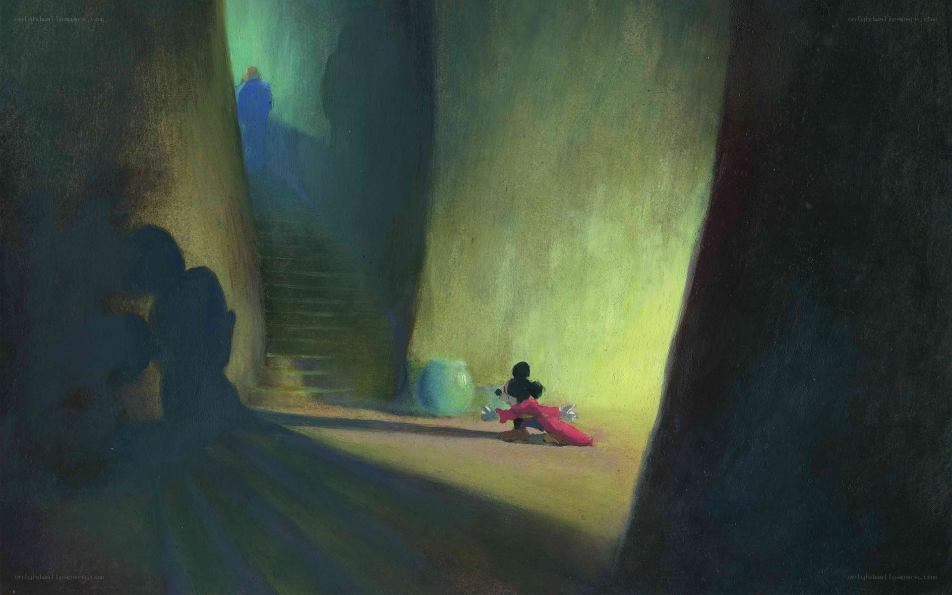 Mickey Mouse in a dark corridor