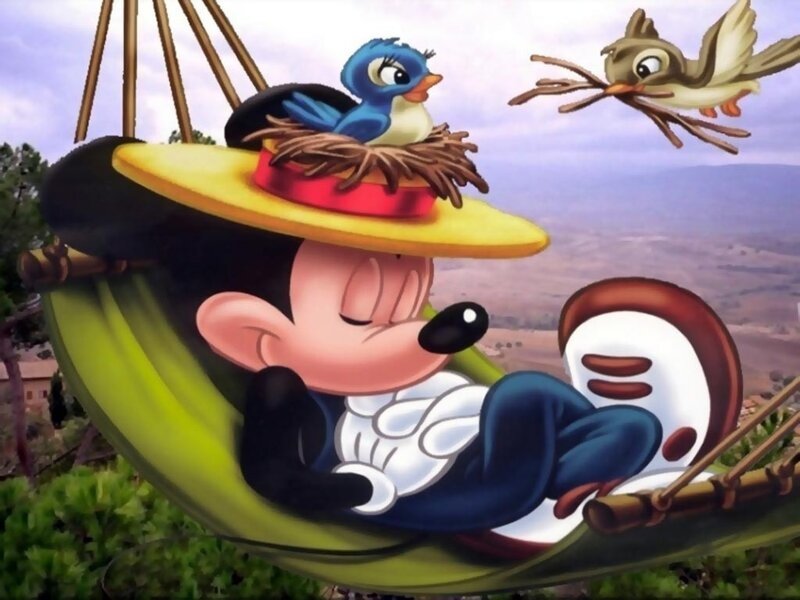 Mickey Mouse in a hammock
