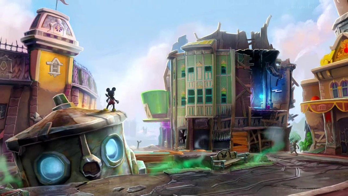 Mickey Mouse in a ruined town