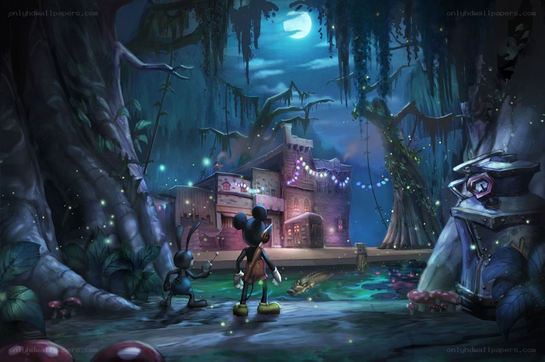Mickey Mouse in a swamp at night