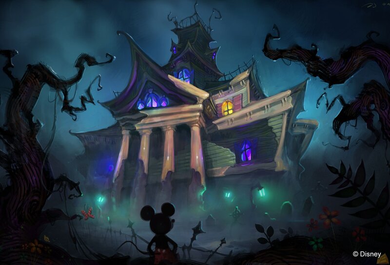 Mickey Mouse in Front of Haunted House