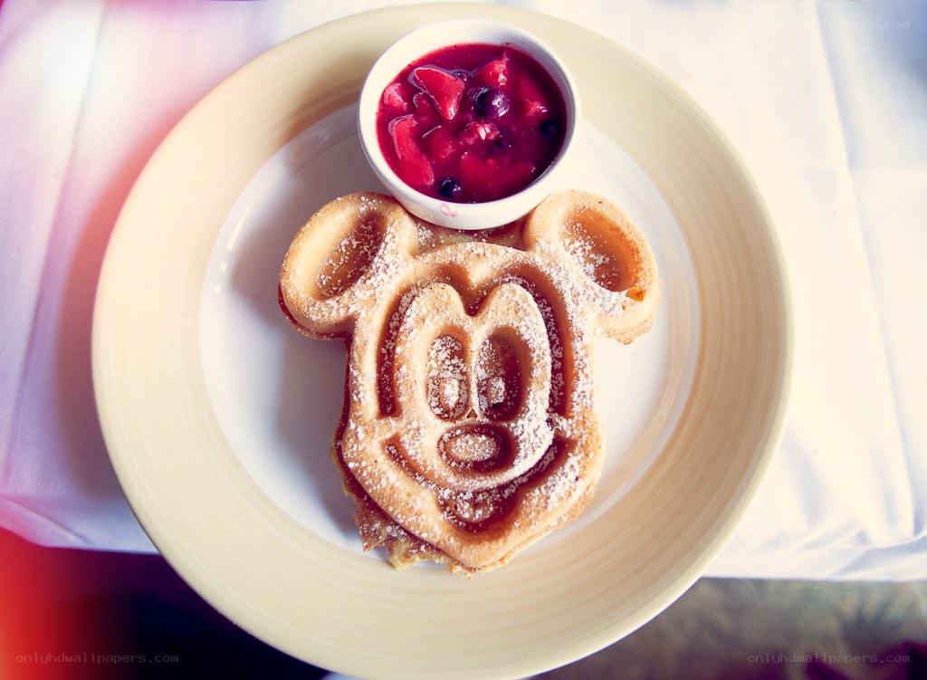 Mickey Mouse waffle with fruit compote