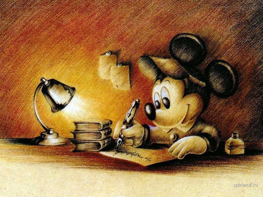 Mickey Mouse writing at desk