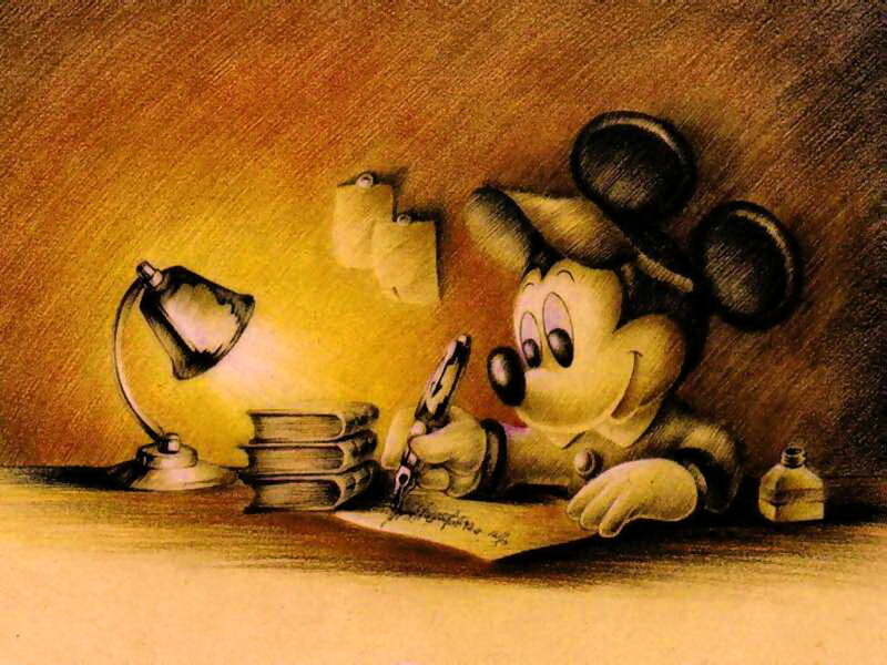 Mickey Mouse writing at desk