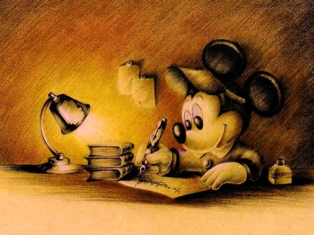 Mickey Mouse writing at desk