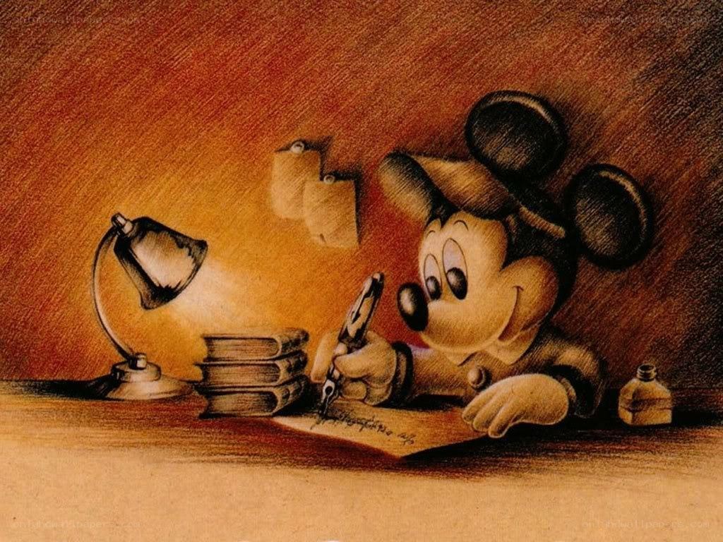 Mickey Mouse writing at desk