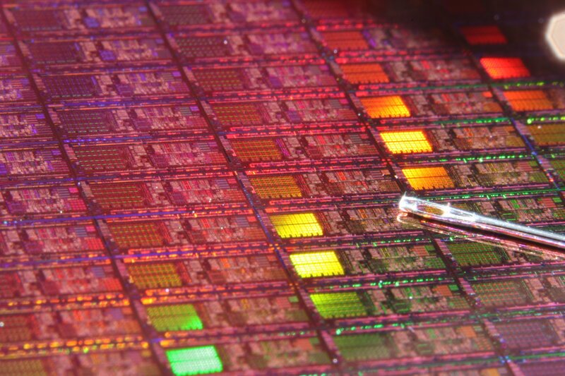 Microchip wafer under microscope