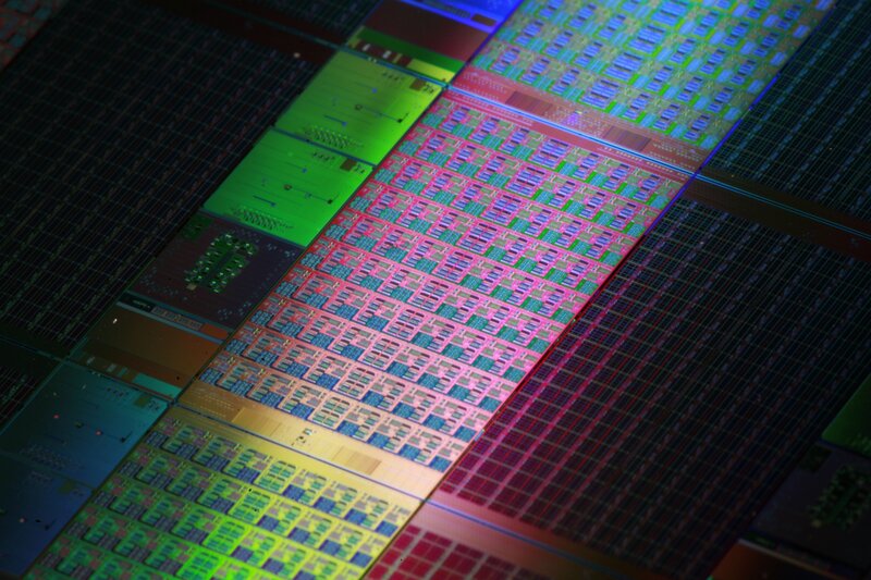 Microchip wafer with colorful circuits