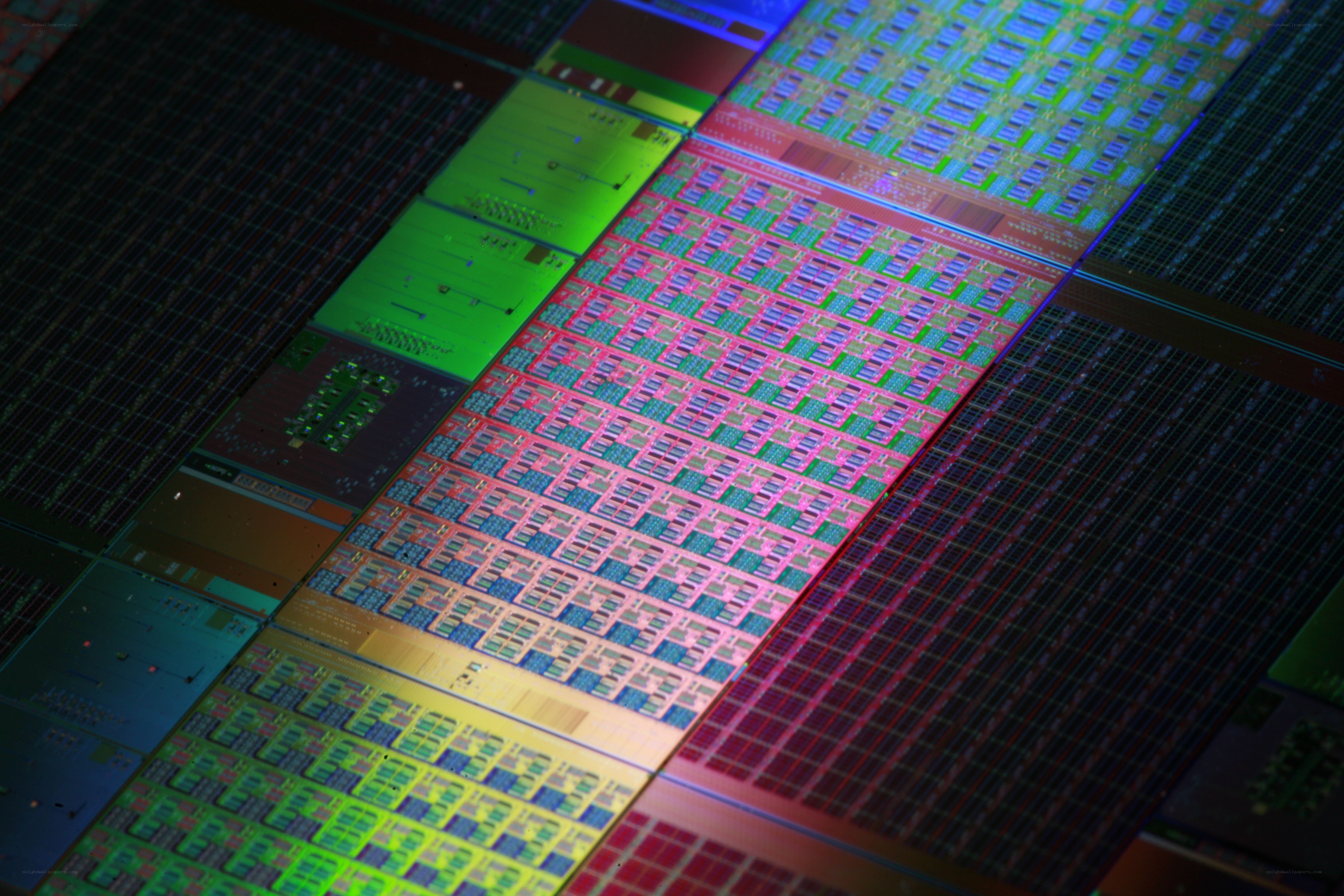 Microchip wafer with colorful circuits