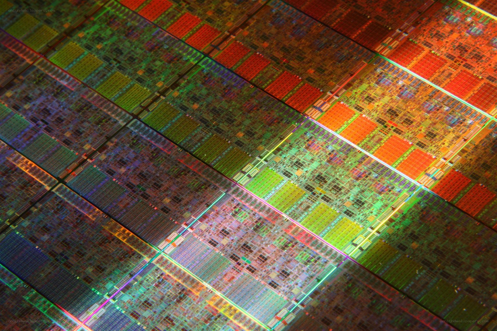 Microchip wafer with colorful circuits