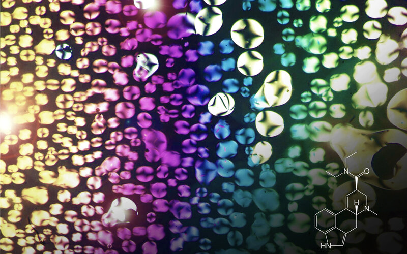 Microscopic view of cells with chemical structure