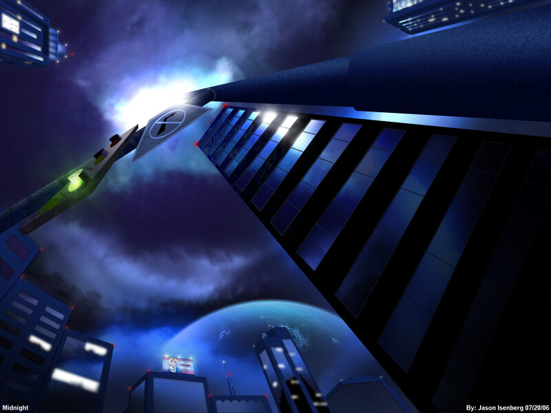 Midnight cityscape with Earth