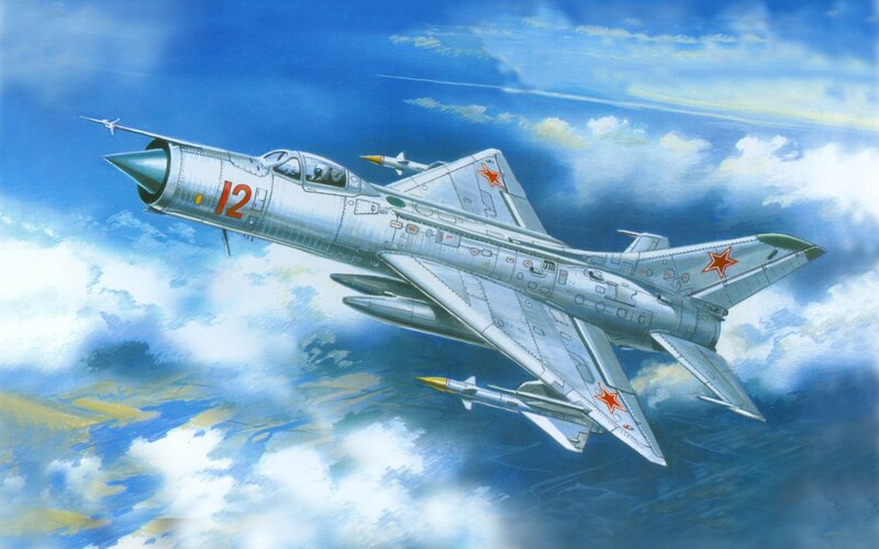 MiG-21 Fighter Jet — Blue, Dramatic, Afternoon, Illustration
