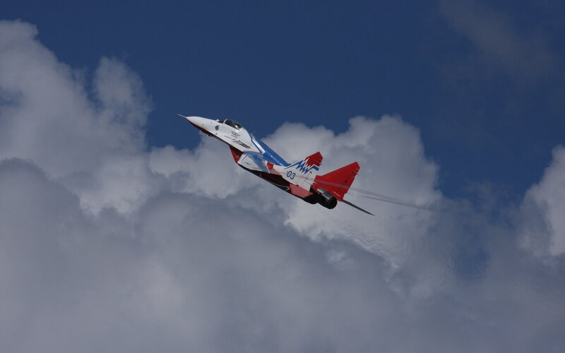 MiG-29 Fighter Jet — Blue, Dynamic, Afternoon