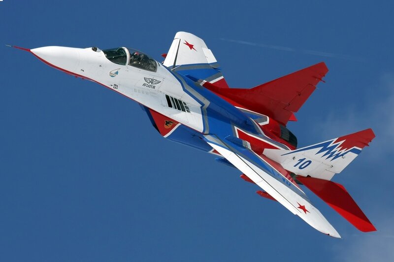 MiG-29 Fighter Jet — Blue, Dynamic, Photograph, Sky
