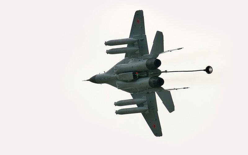 MiG-29 Fighter Jet — Gray, Dramatic, Photograph, Aircraft, Missiles, Refueling Probe, White