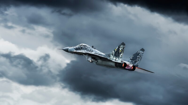 Mig-29 Fighter Jet — Gray, Dramatic, Photograph, Clouds, Jet Engine Exhaust