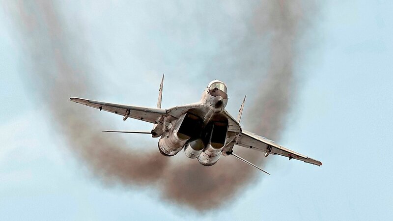 Mig-29 Fighter Jet — Gray, Dramatic, Photograph, Smoke, Sky