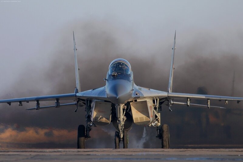 MiG-29 Fighter Jet — Gray, Dramatic, Sunset, Photograph, Smoke, Runway