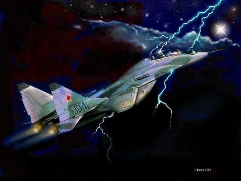 MiG-29 fighter jet in storm