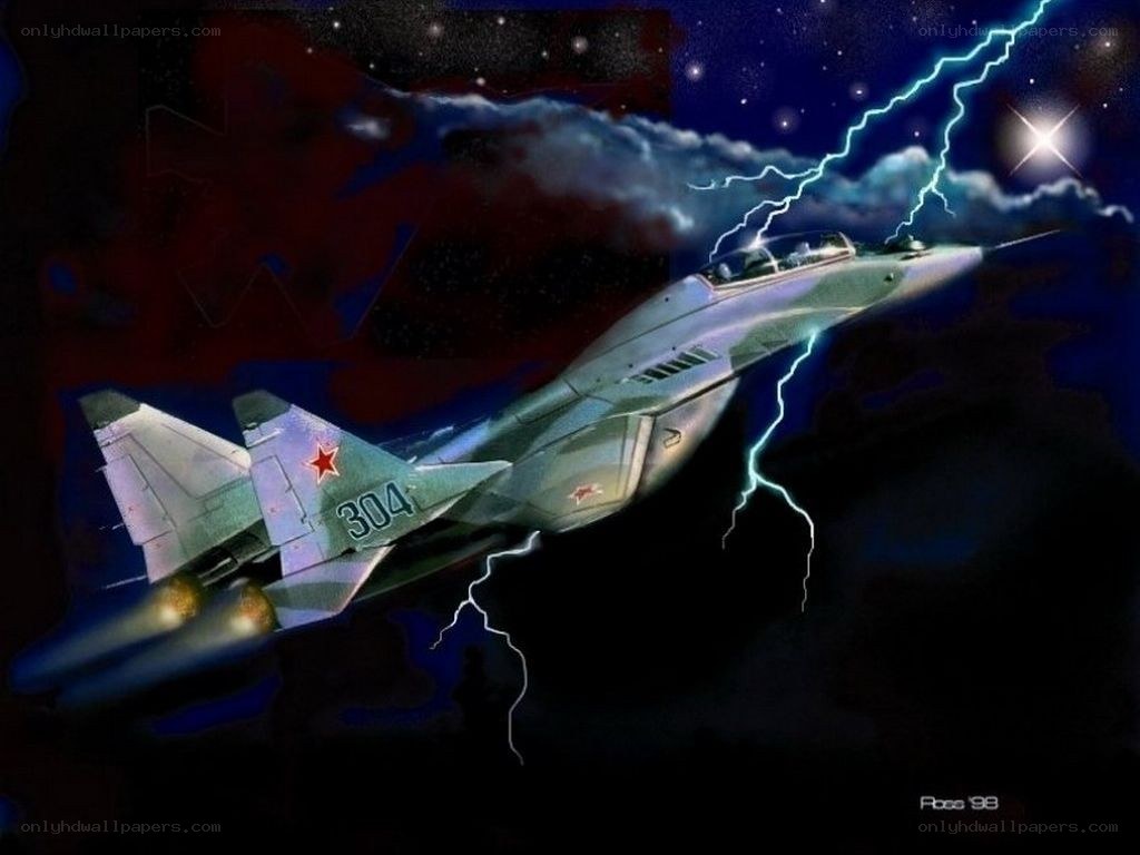 MiG-29 fighter jet in storm