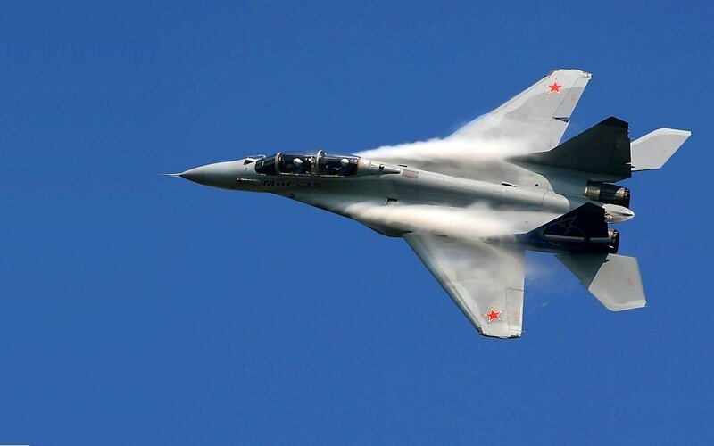 MiG-35 Fighter Jet — Blue, Dynamic, Afternoon, Photograph