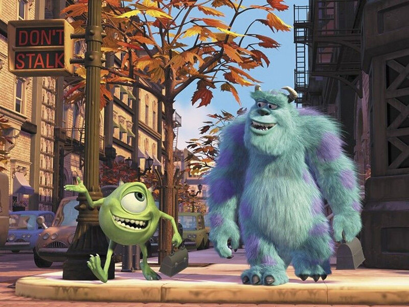 Mike and Sulley on a city street