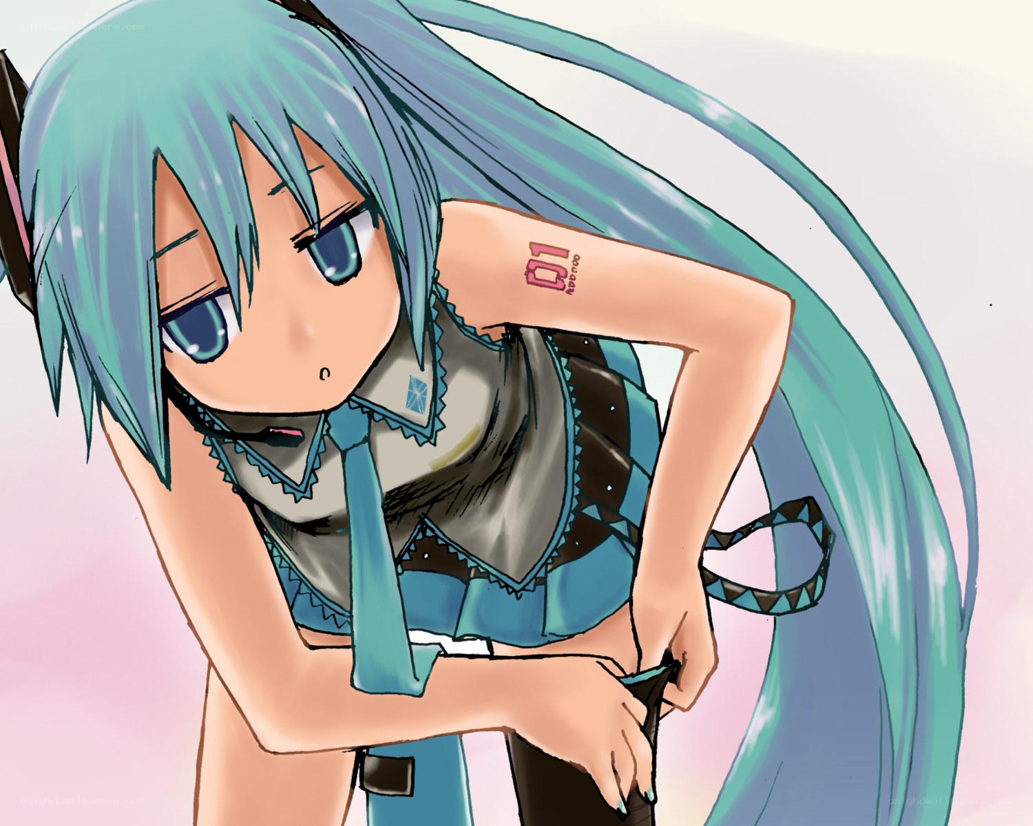 Miku adjusting her outfit