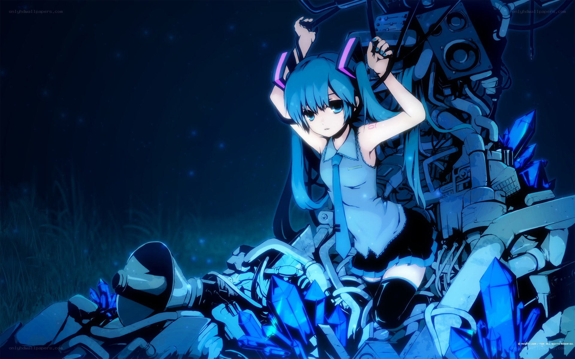 Miku amidst mechanical wreckage