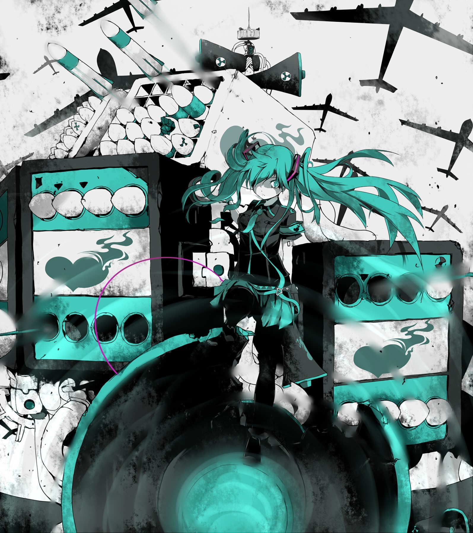 Miku amidst war machines