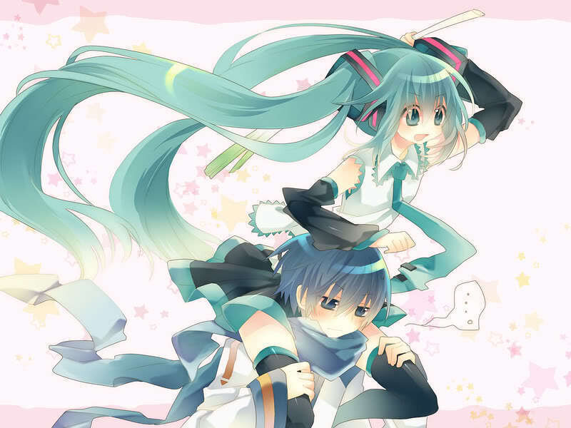 Miku and a boy in dynamic pose