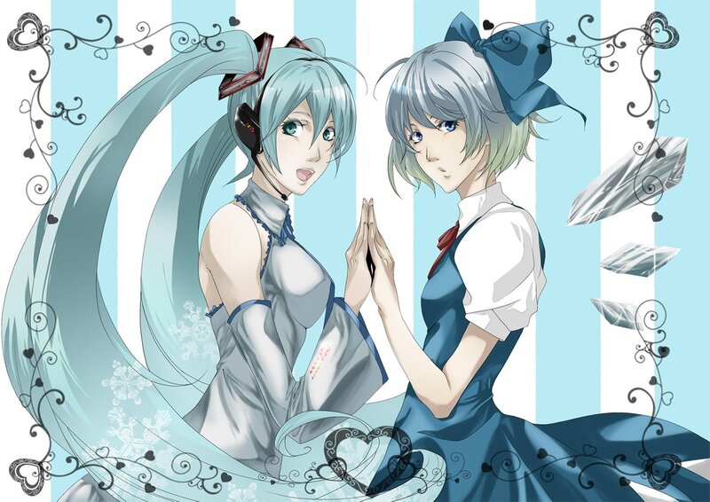 Miku and a girl in blue dresses