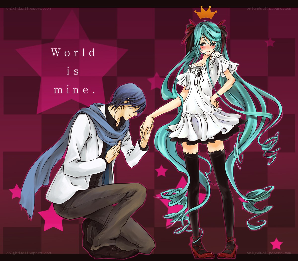 Miku and a man kneeling