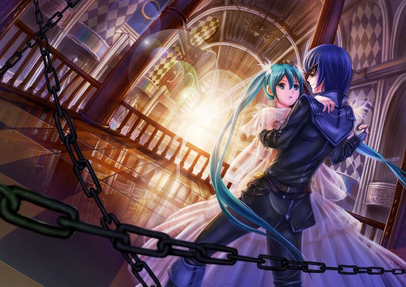 Miku and a masked figure in a grand hall