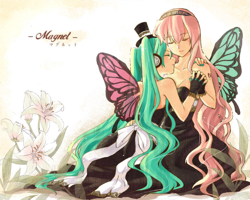 Miku and a pink-haired girl hugging