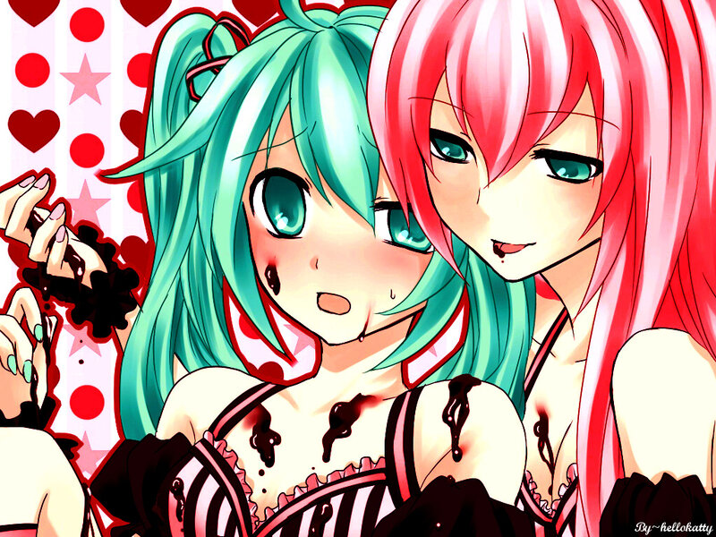 Miku and a pink-haired girl with chocolate