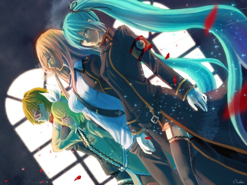 Miku and allies in dramatic pose