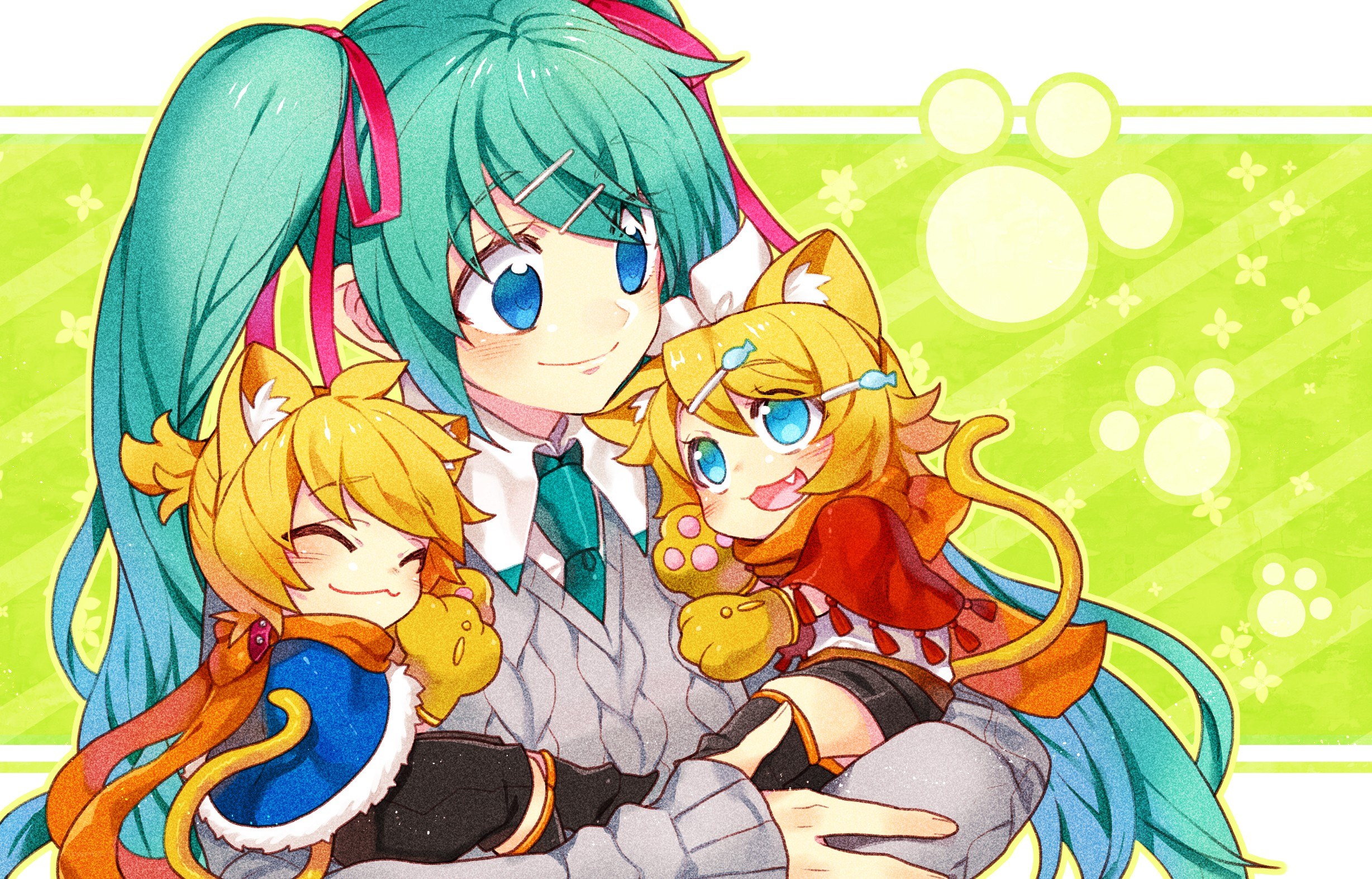 Miku and cat girls hugging