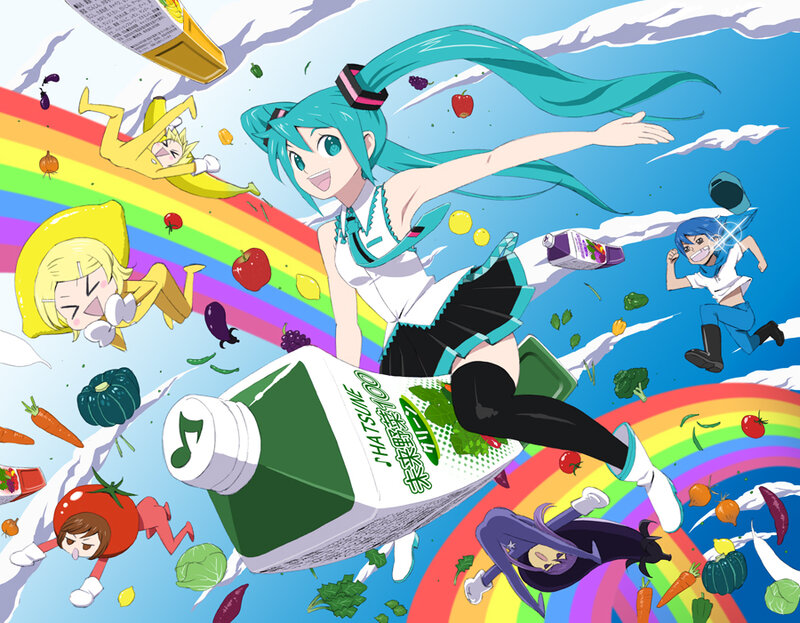 Miku and friends in a rainbow