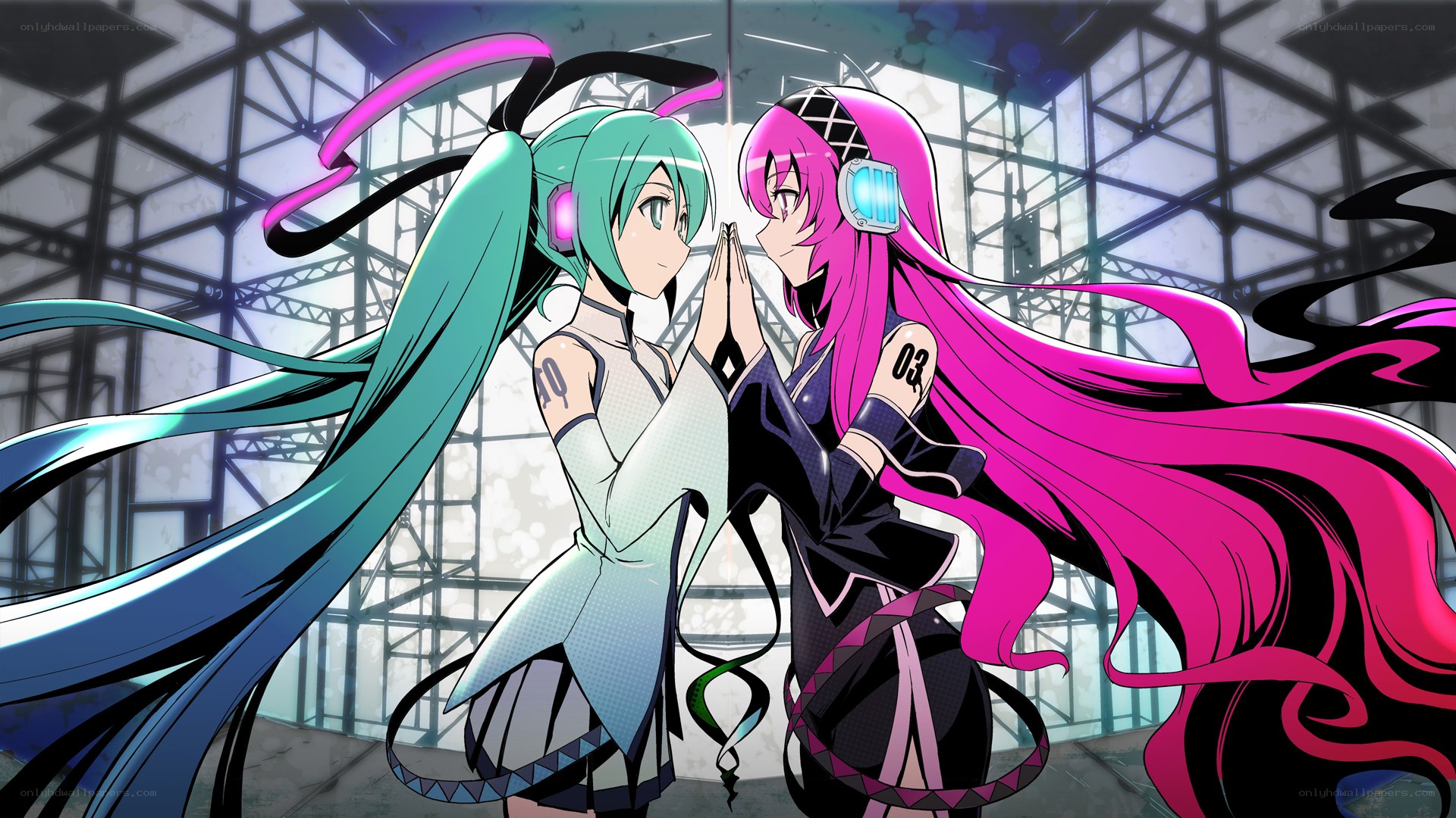 Miku and Hatsune facing each other