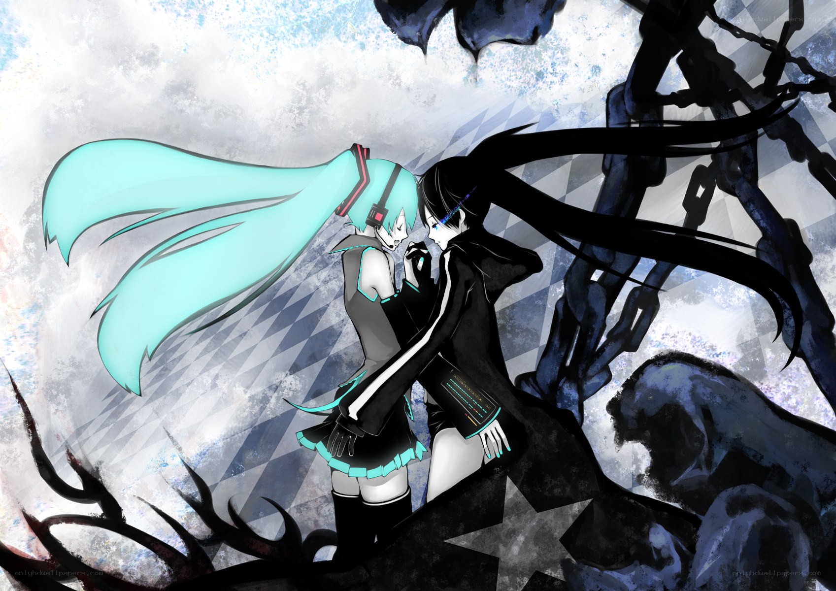 Miku and Kaito embrace