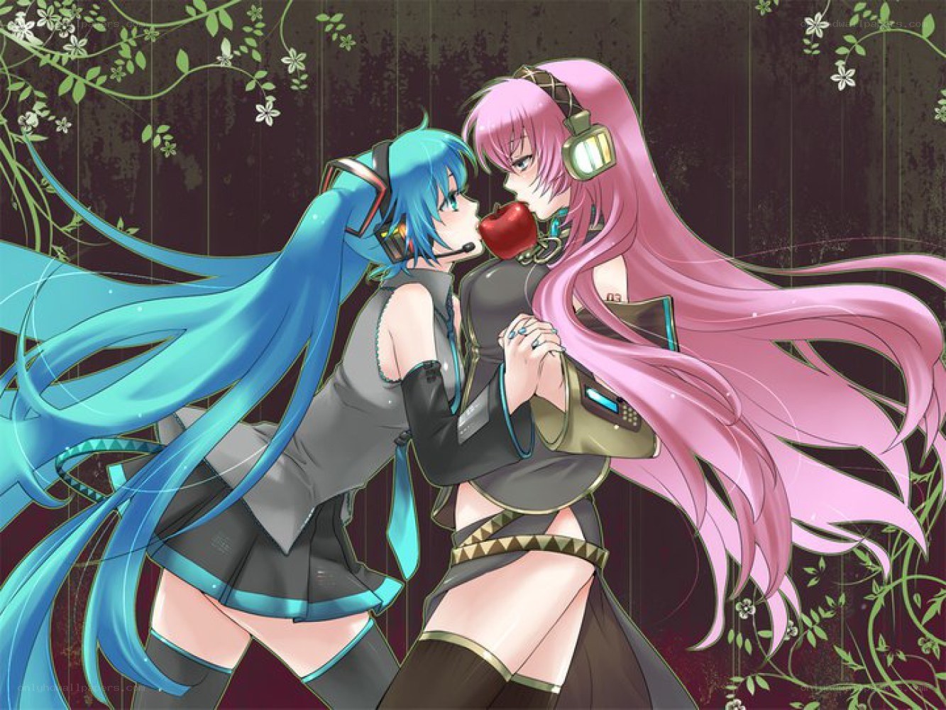 Miku and Lily sharing an apple