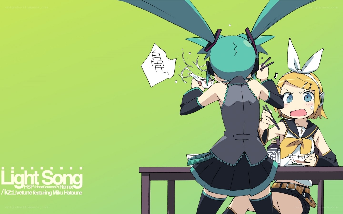 Miku and Rin at a table