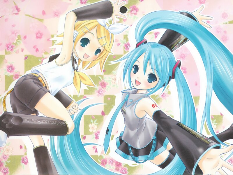Miku and Rin dancing in cherry blossoms