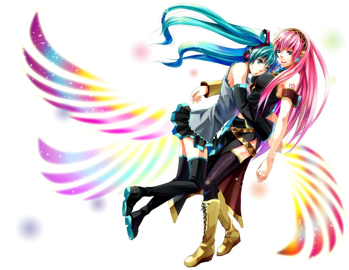 Miku and Rin dancing with wings