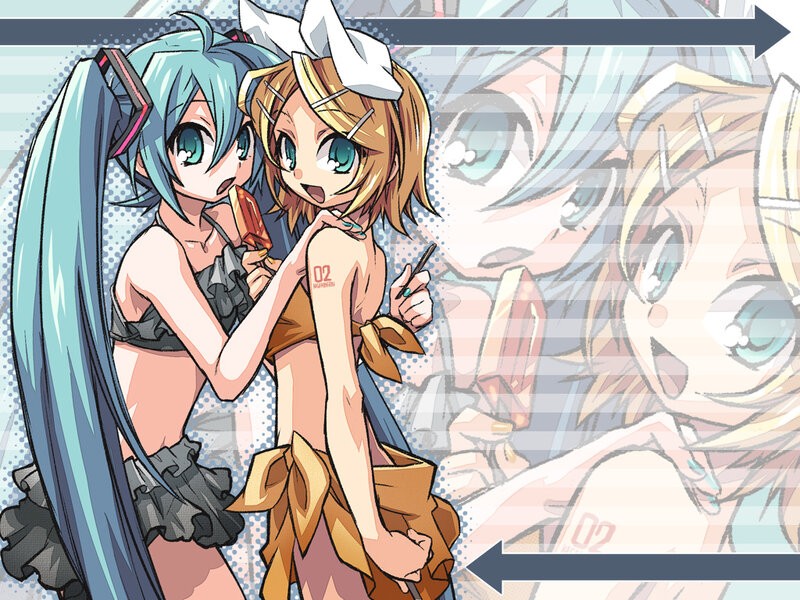 Miku and Rin enjoying ice cream
