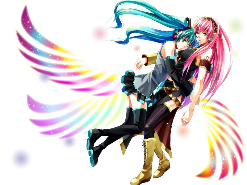 Miku and Rin in a dance pose
