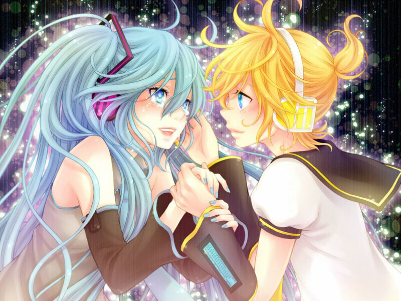 Miku and Rin in a dreamy embrace